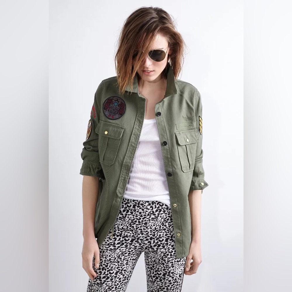 Zadig & Voltaire Military Utility Jacket Green Embroidered Patch Army Style SZ M